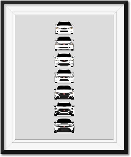 Póster hecho a mano compatible con Honda Civic Type-R Generations e impresión de EK9, EP3, FD2, FN2, FK2, FK8, FL5, color blanco, impresión metálica