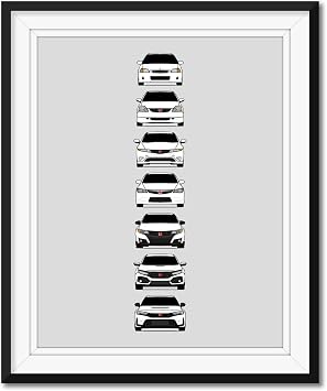 Custom Car Posters Handmade Poster compatible with Honda Civic Type-R Generations and Print of EK9, EP3, FD2, FN2, FK2, FK8, FL5 - White, 8x10" Satin Print Unframed for Car Enthusiast