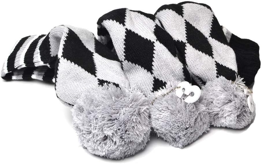 GOOACTION 3PCS Knitted Golf Head Covers 1-3-5 for Driver and Fairway Woods with Long Neck Design Vintage Argyle Gray and Black Sock Pom Pom Golf Club Head Covers Set