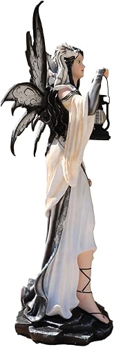 Miniatura 4 de Ebros Gift Lanzador de hechizos grande de 4 pies, hada blanca como la nieve de invierno con dragón blanco y linterna LED solar, estatua de hada de
