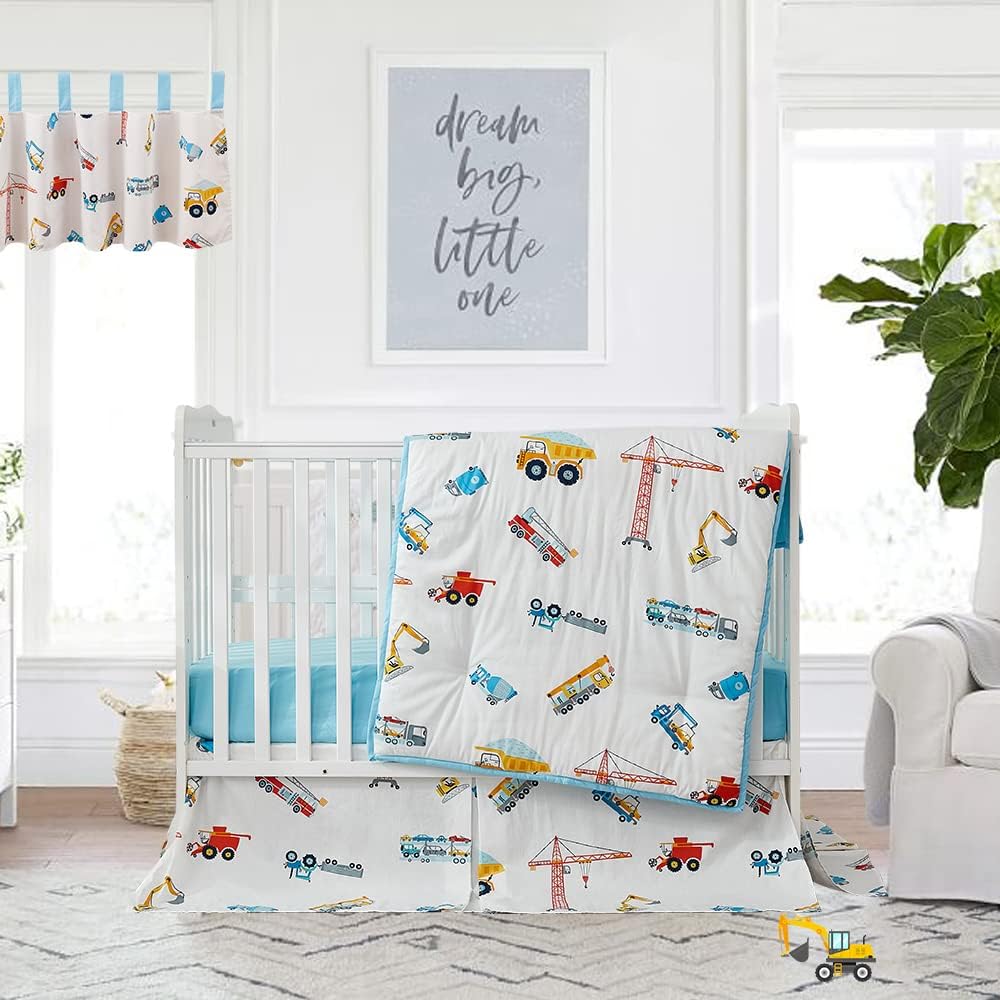 Brandream Truck Construction Vehicle Boys Crib Bedding Sets for Baby Car Nursery Comforter Set 6 Pieces 100% Cotton,Blue White Breathable Soft