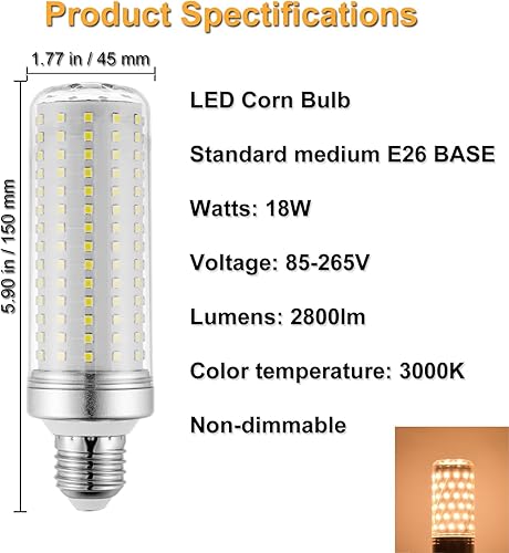 Miniatura 2 de RAYHOO - Bombillas LED incandescentes de 18 W, equivalentes a 120-180 vatios, base E26E27, 2800 lúmenes, ultra brillante, no regulable, paquete de 2