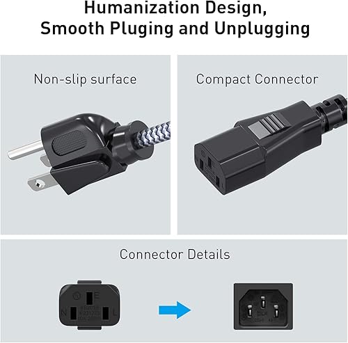 Vista 10 de Goalfish - Cable de alimentación de 10 A 18 AWG, cable de alimentación de 10 pies (9.8 ft) de nailon trenzado de 3 clavijas, cable de alimentación