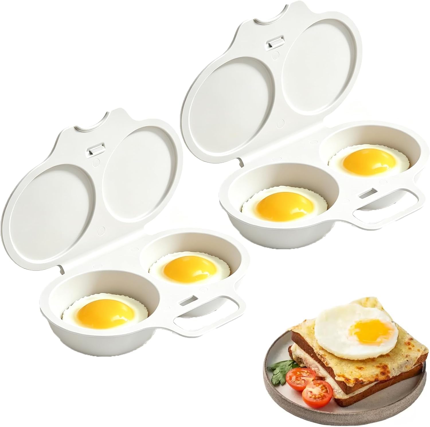 2PCS Dual Cavity Microwave Egg Poacher With Lid & Handle (While*2)