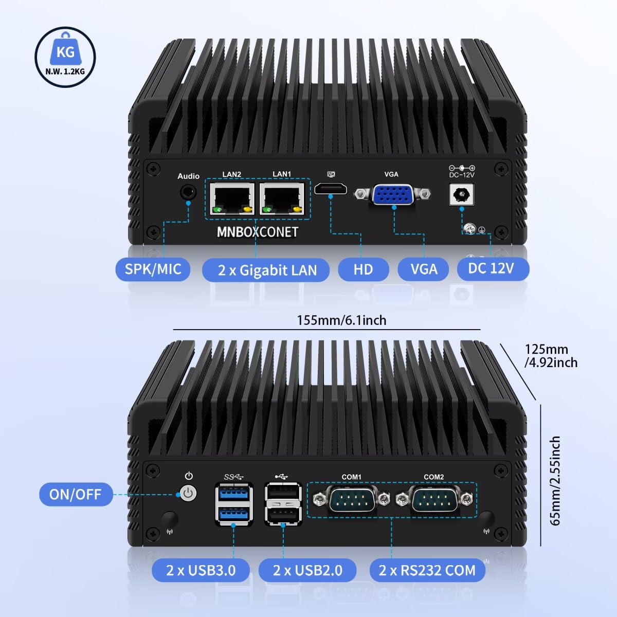 Lüfterloser Mini PC Industrie Celeron N2840, 2 x RS232 serielle Schnittstellen, 2 x 1000M Gigabit-LAN, Micro Computer, 8 GB RAM, 512 GB SSD, VGA+HD, WiFi/BT, SIM Slot