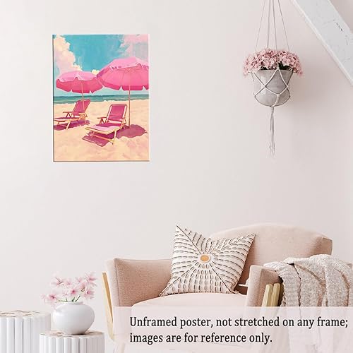 Miniatura 5 de Pintura de playa pastel  11 x 14 pulgadas  Arte de pared costero rosa retro, impresión de paisaje de playa vintage, póster estético de viaje de