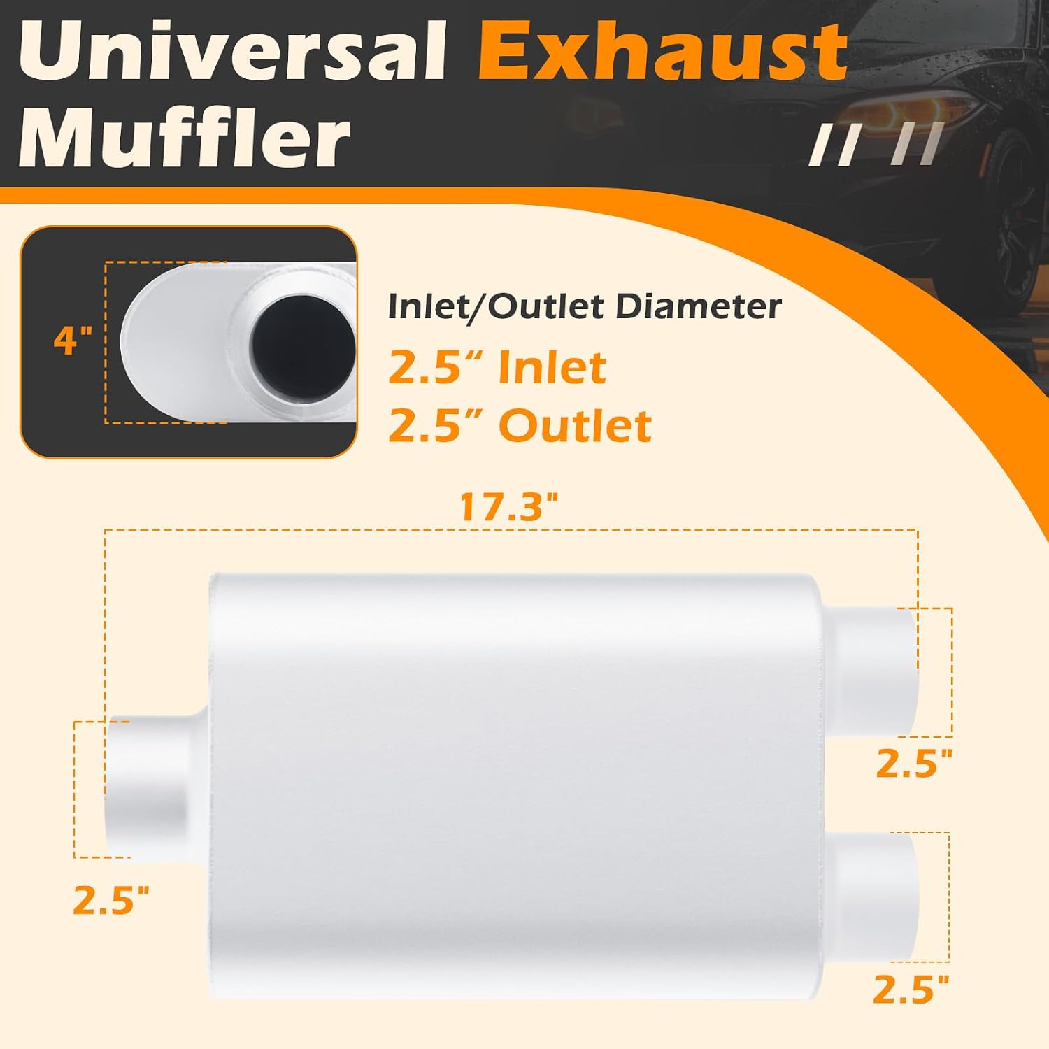 A-KARCK Universal Exhaust Muffler 2.5" Center Inlet 2.5" Dual Outlet, 17.3" Overall Length Aluminized Steel Aggressive Sound Race Muffler for Cars, Trucks