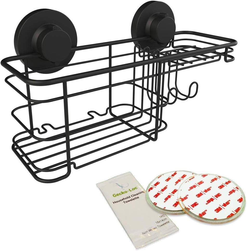 Gecko-Loc Large Combo suction cup wall mount bathroom shower caddy - shampoo storage basket shelf organizer caddie bath shelves - Black