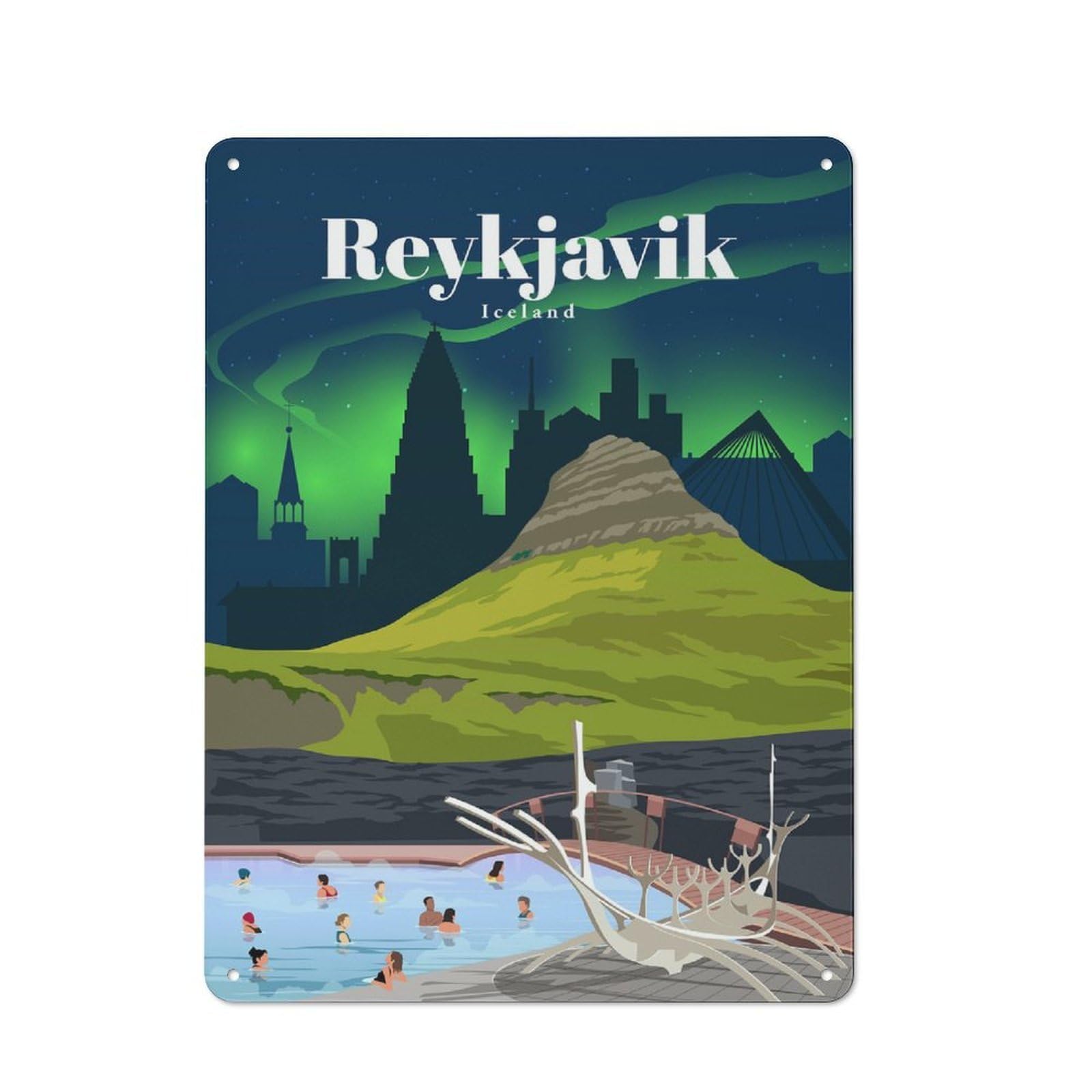Metal Sign 40x30cm with Travel to Rejkjavik for Workshop Wall, Rustic Decor, Wall Decoration for Workshops And Hobby Rooms