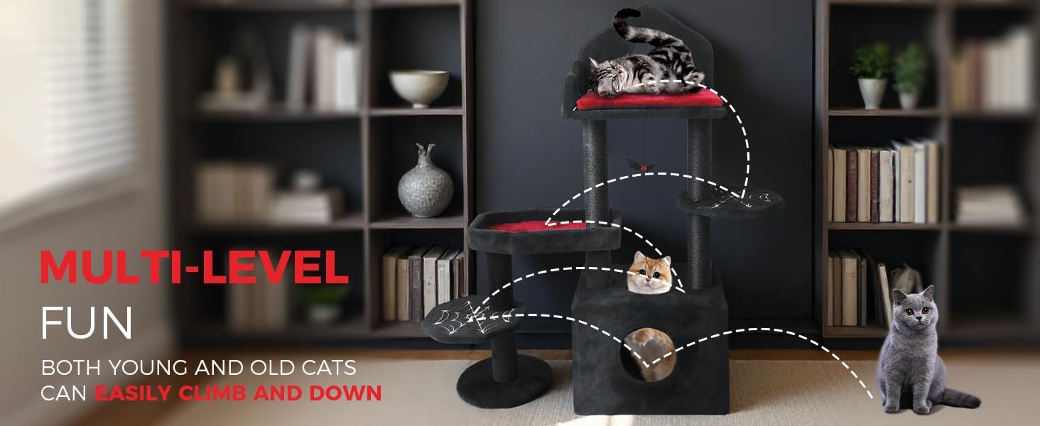 Gothic Cat Tree, Multi-Level with Scratching Posts, 44.5 Inches, All Breed Sizes, Climbing and Cuddling, MDF, Floor Mount