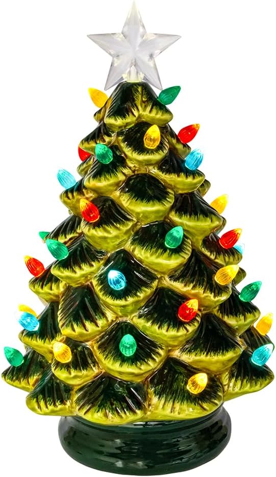 Kurt Adler 12-inch Battery Operated LED Lighted Ceramic Green Tree Table Piece