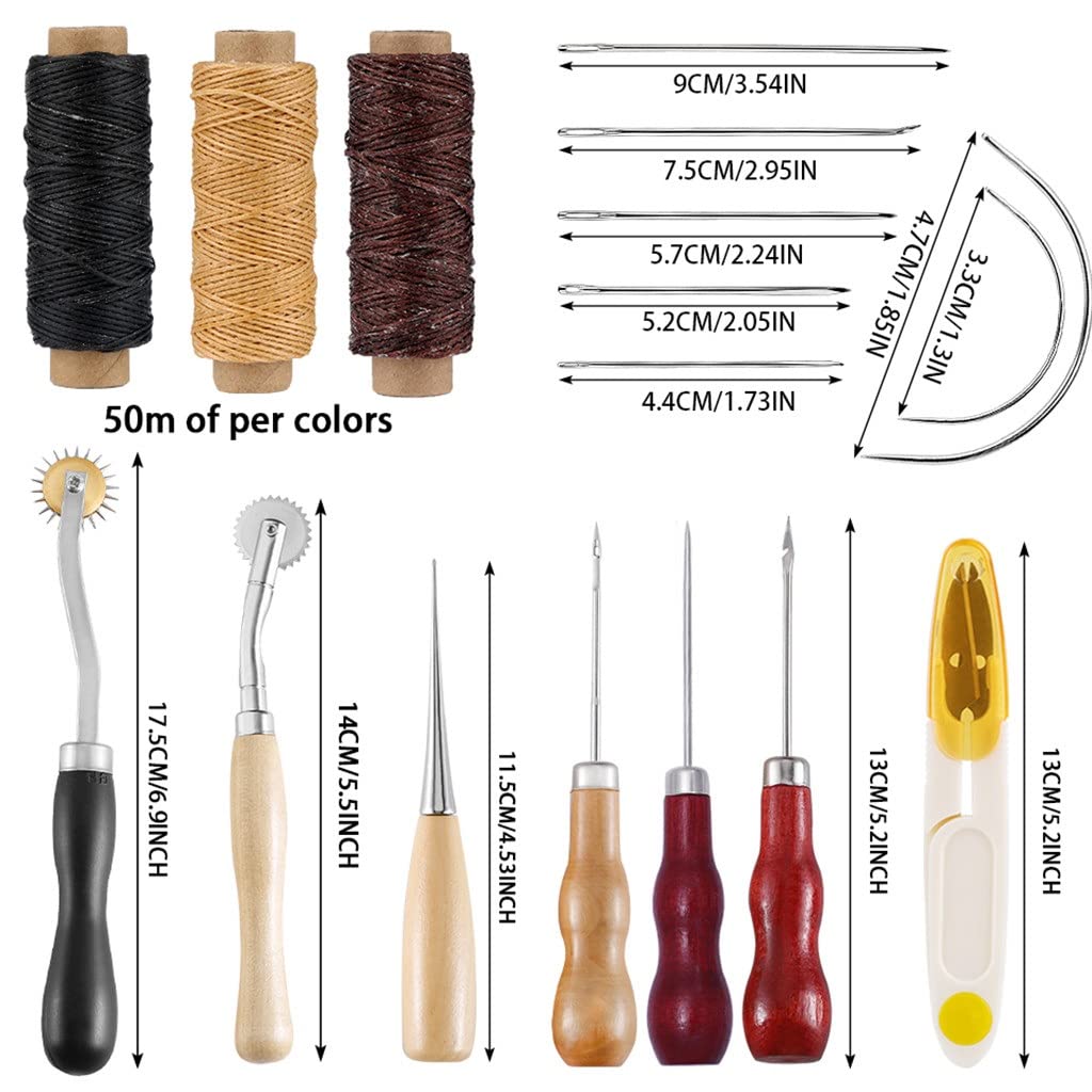Kit de Costura de Cuero de 18 Piezas con Aguja de Ojo Grande, Hilo Encerado, punzón y Otras Herramientas manuales para Manualidades de Cuero para Principiantes.