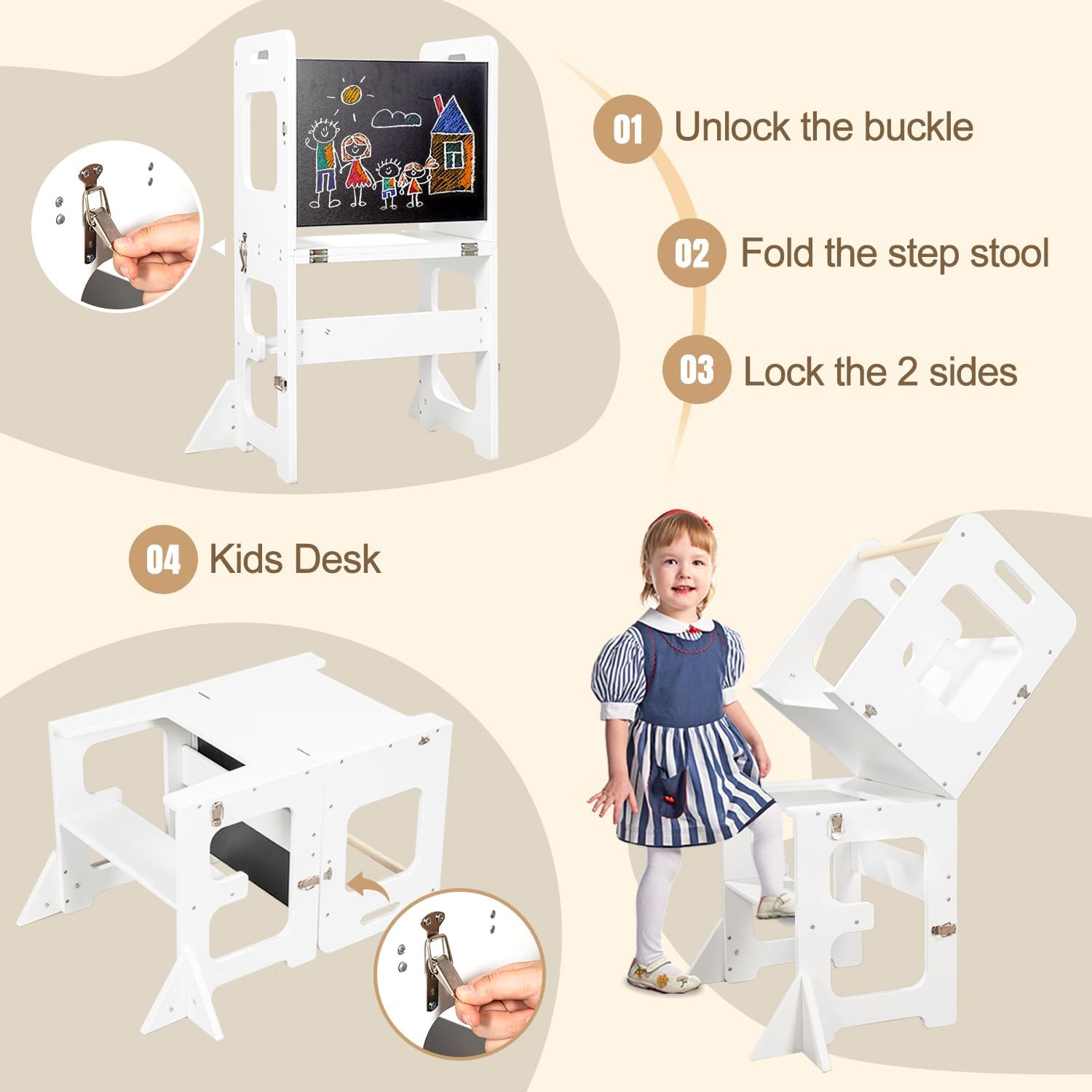 Image demonstrating the steps to convert the learning tower into a kids' desk, showing unlocking buckles, folding, and locking sides.