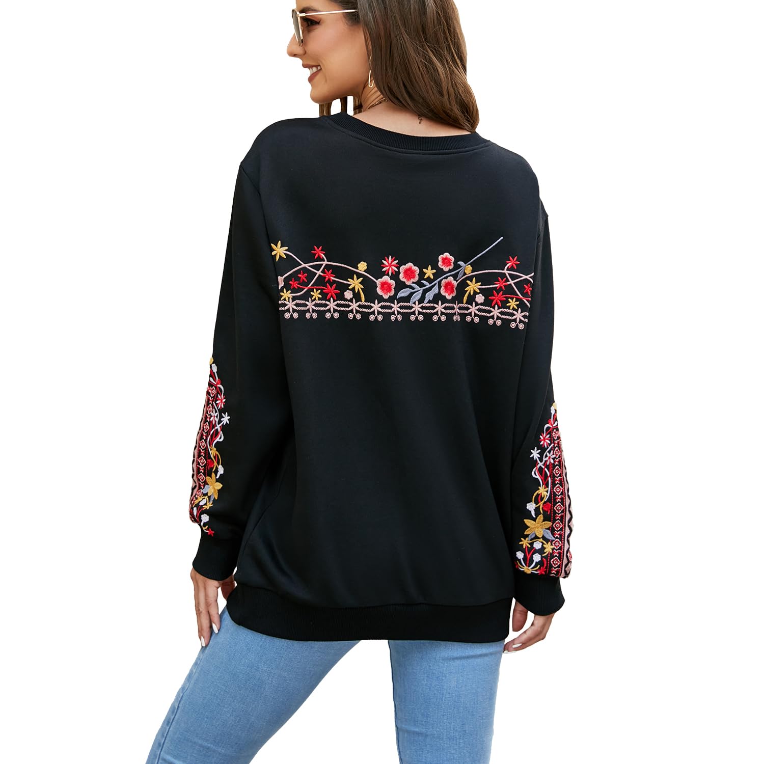 Damen Sweatshirt Langarm Winter Rundhals Pullover mit Stickerei Casual Oberteile Tops