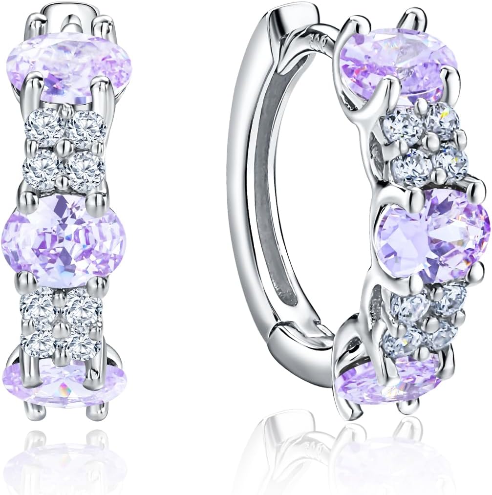 Chunky Gemstone Hoop Earrings 14K Yellow Gold Sterling Silver 14mm Small Huggies Aquamarine/Amethyst/Pink Sapphire/London Blue Topaz/Garnet Hoop Earrings for Women