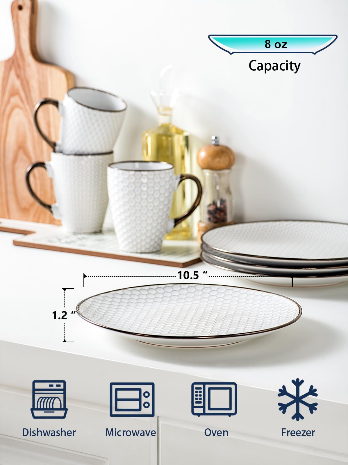 Set di 4 piatti da portata in ceramica, piatti da portata in gres goffrato da 10,5 pollici per la cucina, resistenti ai graffi, adatti al forno, al microonde e alla lavastoviglie, bianchi