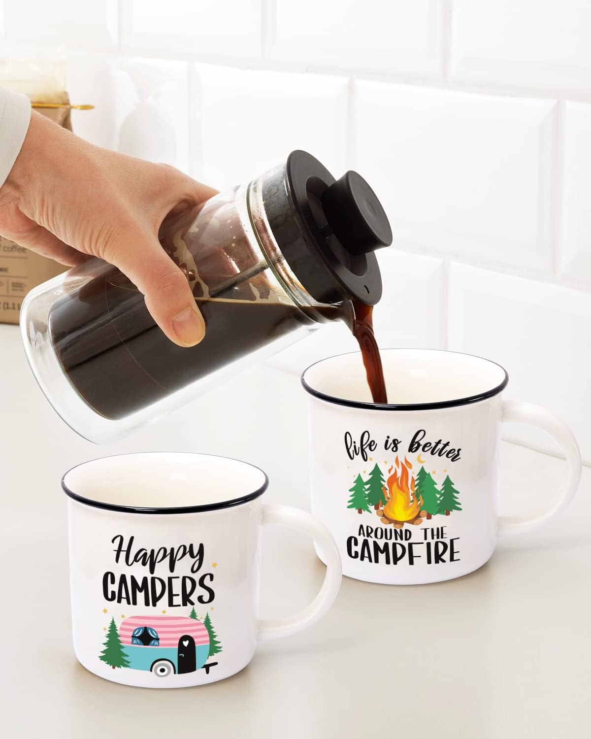 Nefelibata Camping Coffee Mug Set of 4 Happy Campers Campfire Tea Cups for Coffee, Tea, Milk Travel Ceramic Mug Camping Lover Holiday Gifts