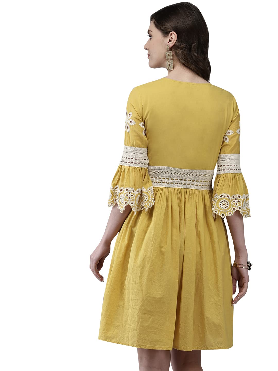 Ishin Women's Cotton Mustard Schiffli Embroidered A-Line Dress