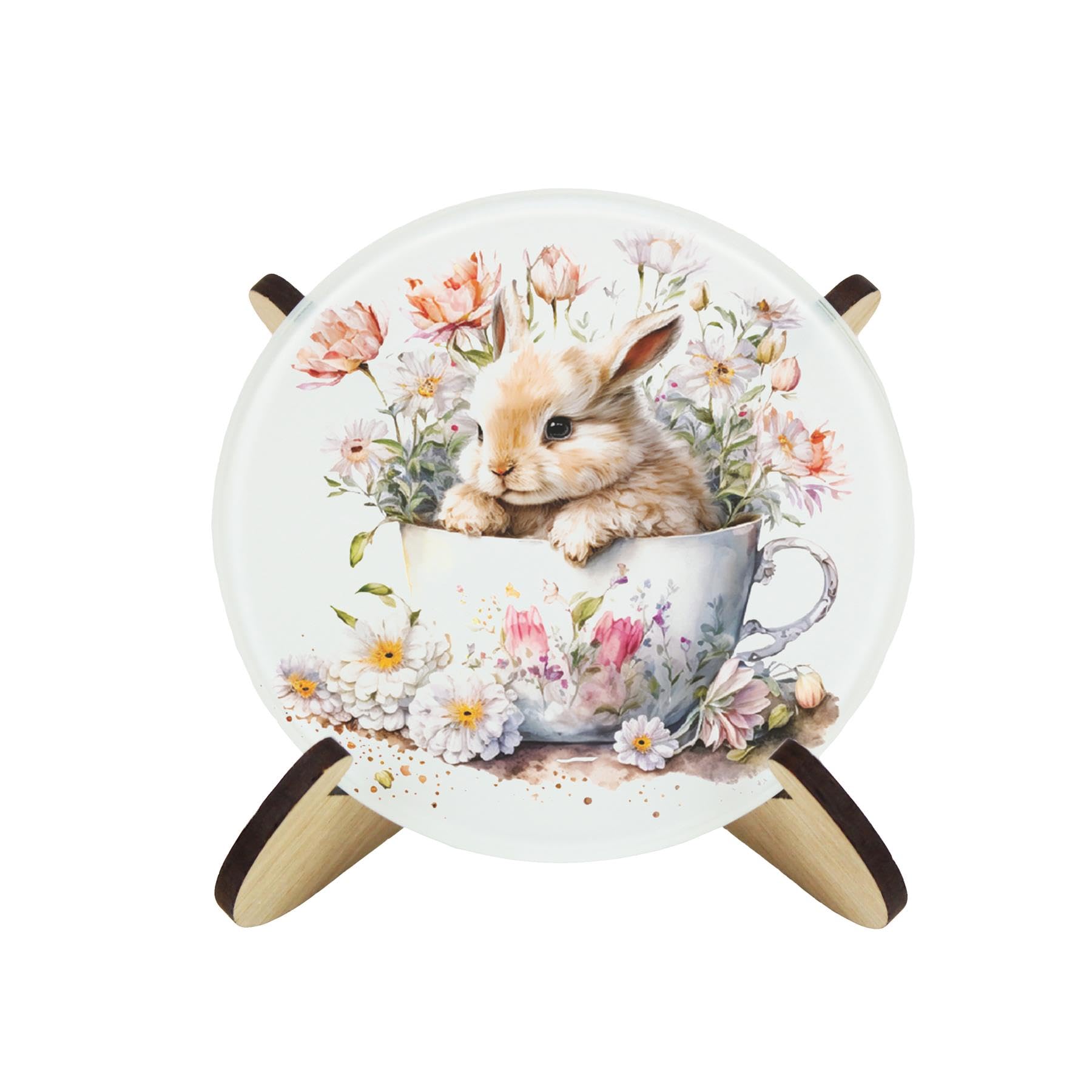 Bunny Rabbit Coaster Set - Round Glass Teacup Floral Bunny Design Gift - Set of Four (4) Drinks Coasters & Wood-Effect Stand