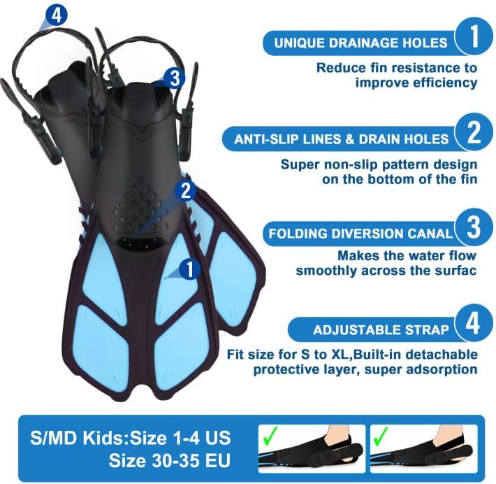Kids Snorkeling Set - Adjustable Flippers + Panoramic Snorkel Mask + Dry Snorkel Tube + Travel Bags - Suitable for Kids & Juniors, Age 5-14 - Image 3