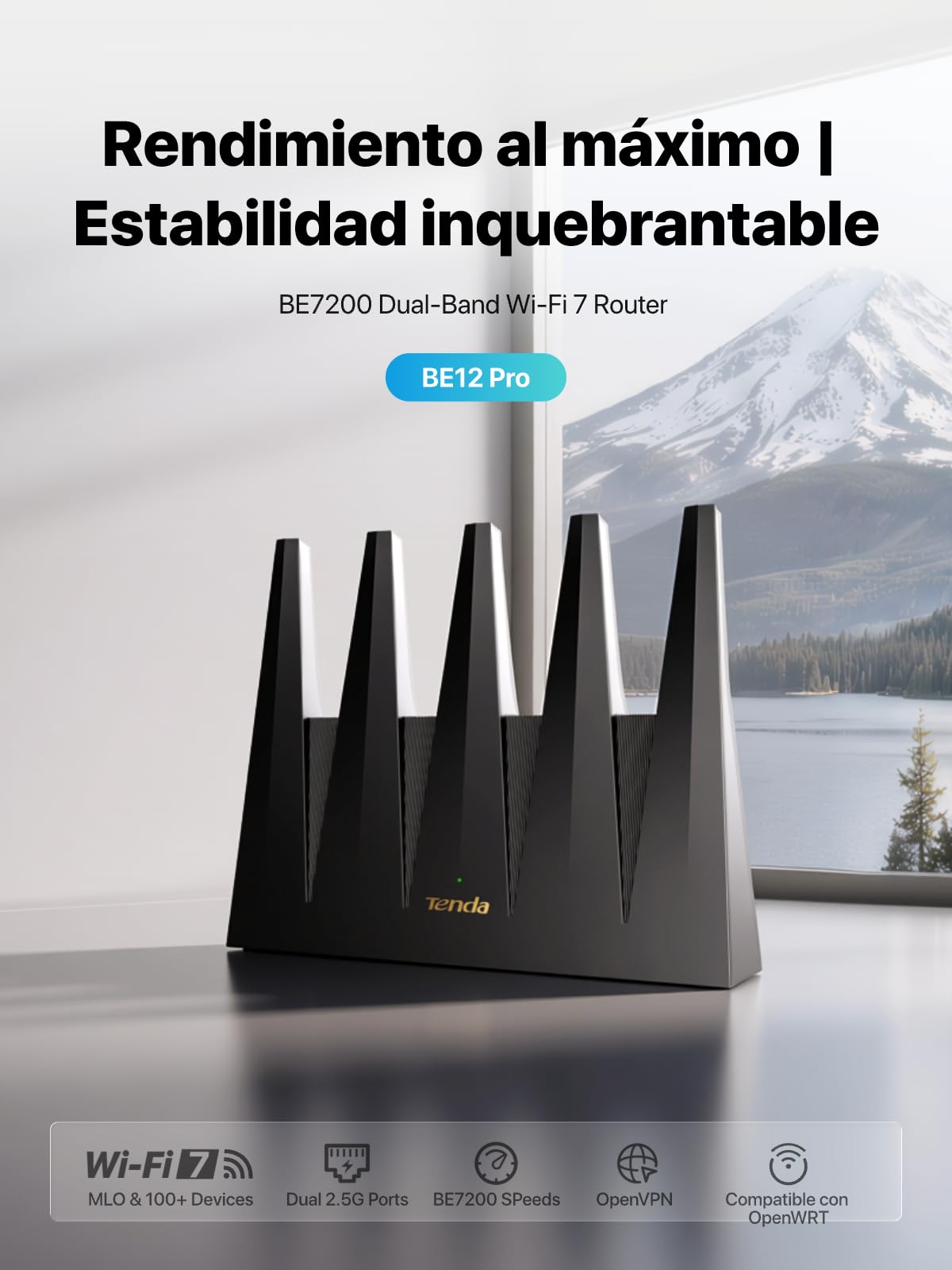 Routeur Wi-FI 7 Tenda BE12 Pro - Routeur Double Bande BE7200 (5 GHz : 5765 Mbps, 2,4 GHz : 1376 Mbps), 2 Ports 2,5G, 3 Ports Gigabit, CPU Quad-Core, 4K-QAM, MLO, VPN, Compatibilité OpenWRT