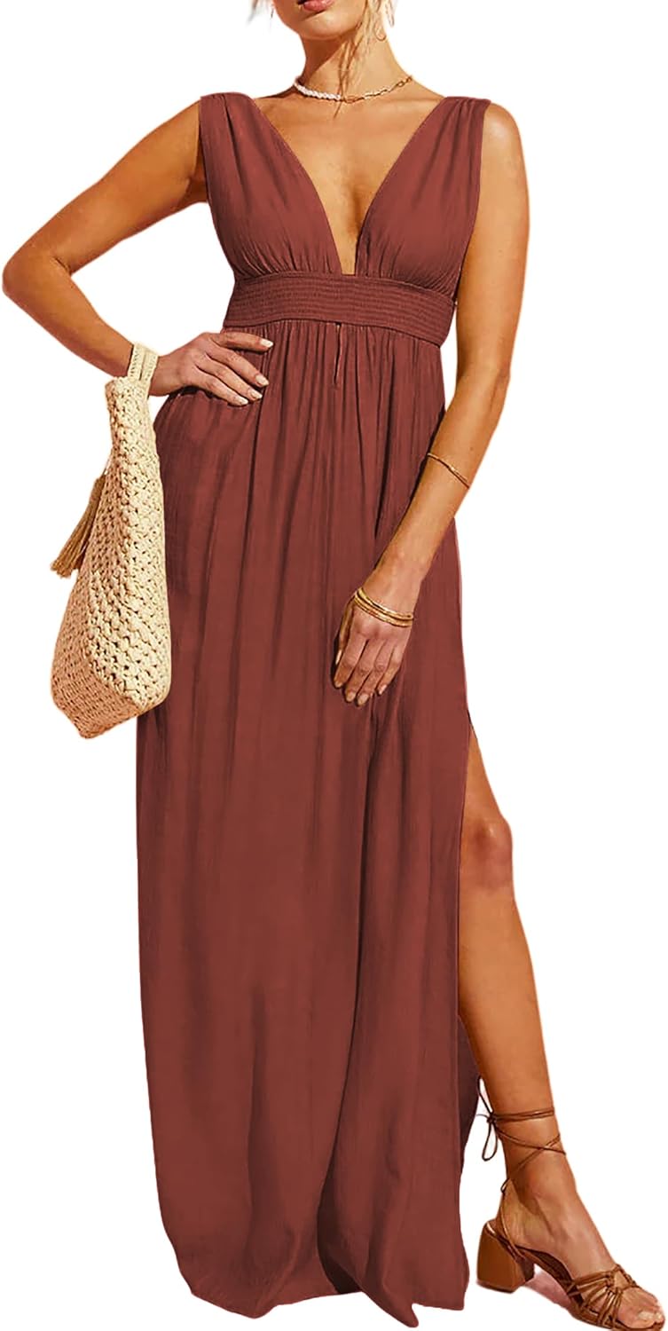Women's Sexy Deep V Neck Sleeveless Halter Maxi Dress 2025 Summer Backless Side Slit Flowy Beach Vacation Long Dress - Image 2