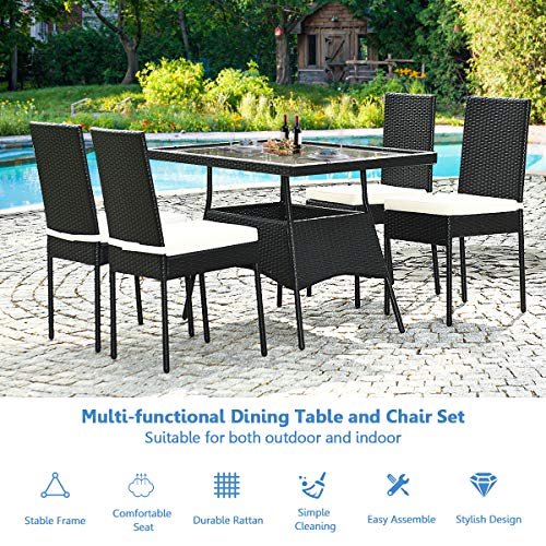 Toolsempire 5 Pieces Patio Wicker Dining Set Outdoor Furniture, Outdoor Rattan Table And Chairs With Tempered Glass Table-Top & Padded Cushions, Patio Furniture Sets For Backyard, Balcony(Black) #TOP4