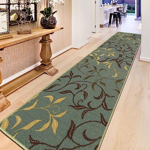 Machine Washable Leaves Design Non-Slip Rubberback 3X10 Traditional Runner Rug For Hallway, Kitchen, Bedroom, Living Room, 2'7" X 9'10", Seafoam Green #TOP5