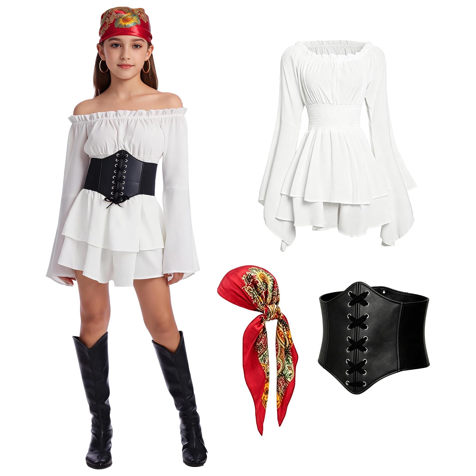 HZVRTN Pirate costume for girls, three-piece children's pirate costume set with pirate accessories, pirate princess dress,suitable for pirate-themed parties and Halloween (White, 160)