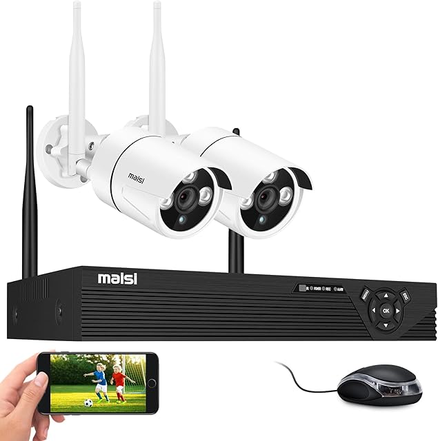 [True 3MP] maisi HD WiFi CCTV Camera System, 4CH Expandable NVR + (2) In/Outdoor Security IP Cameras w/Built-in Mic, Remote View on PC/App, Motion Detection Alerts, Day/Night Vision, No Hard Drive