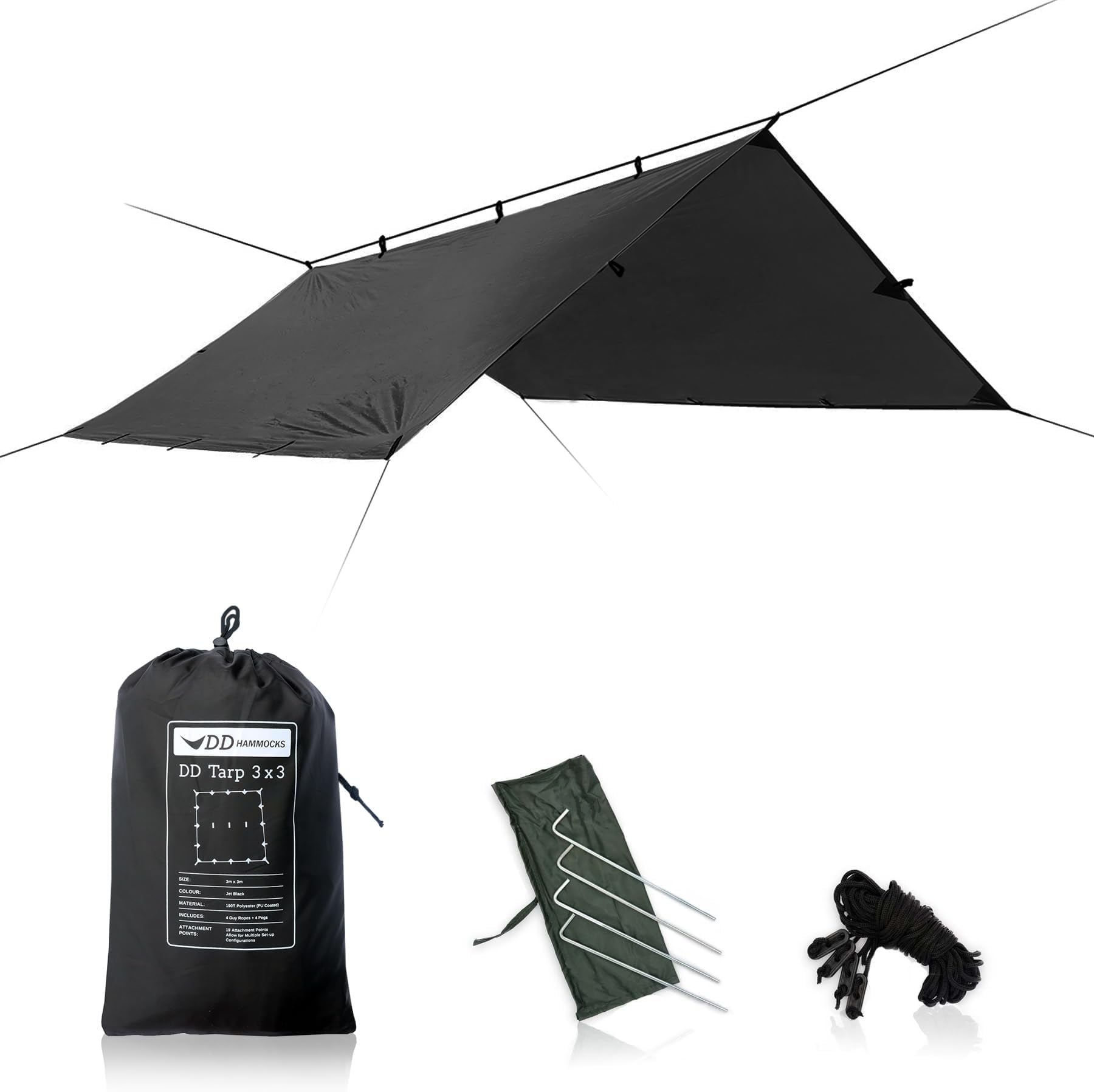 DD Hammocks - DD Tarp 3x3 - Jet Black - Lightweight and 100% Waterproof Camping Shelter with 4x Pegs and Guy Lines for Bushcraft Hiking and Survival Adventure