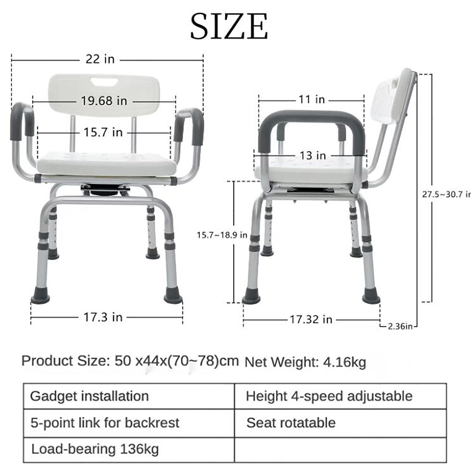 Silla de baño con apoyabrazos y respaldo acolchados, Asiento de Ducha Pivotante Portátil Taburete de Baño, Asiento Giratorio 360°Ajustable en Altura/Ventosas Antideslizantes/300Ibs de Carga
