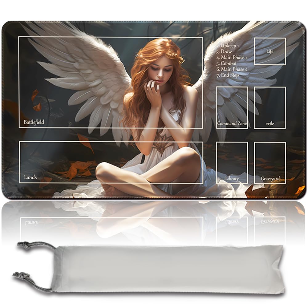 Board Game MTG Playmat + Free Waterproof Bag, Stitched Edges, Smooth Rubber Surface, MTG PlayMat with Zones (An Original Angel of Flight Alabaster Playmat) (With Zone)
