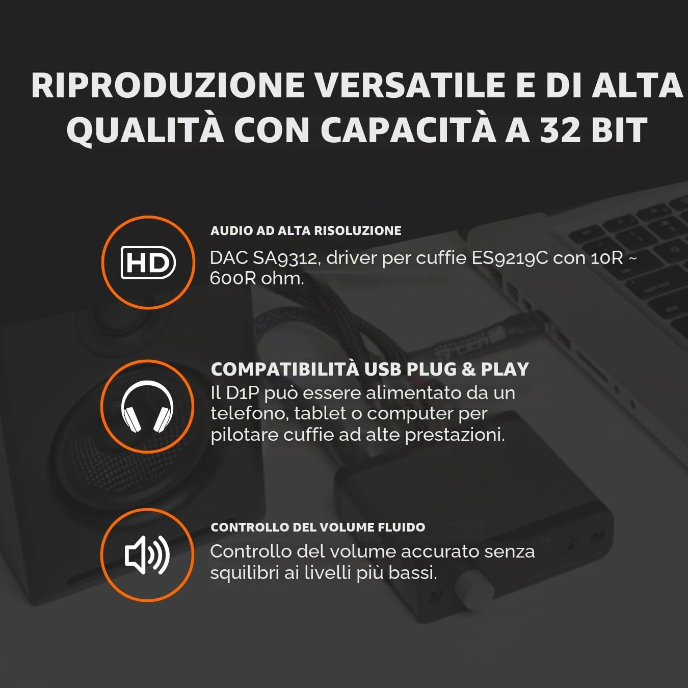 Audioengine D1P Amplificatore per cuffie portatile e DAC a 32 bit | Commutatore audio, per gli amanti del gioco da tavolo e della musica