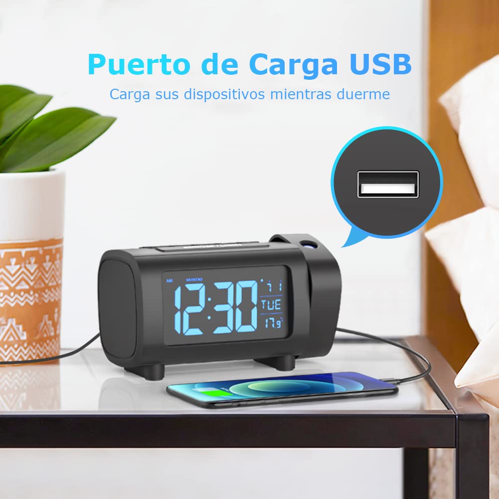 LIORQUE Radio Despertador Proyector, Reloj Despertador Digital con Gran VA Pantalla, Radio Reloj FM, C°/F°, 12/24 H, DST, 4 Niveles de Brillos, USB, Despertador Digital 180° con Función de Memoria