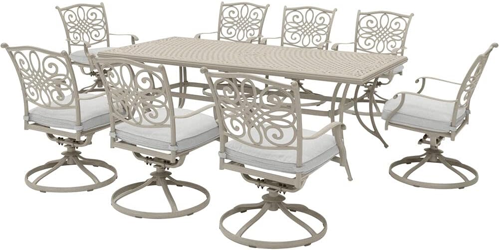 Hanover Traditions 9-Piece Dining Set with 8 Swivel Rockers and Large 84-in. x 42-in. Cast-top Table in Sand Finish, Beige : Patio, Lawn & Garden