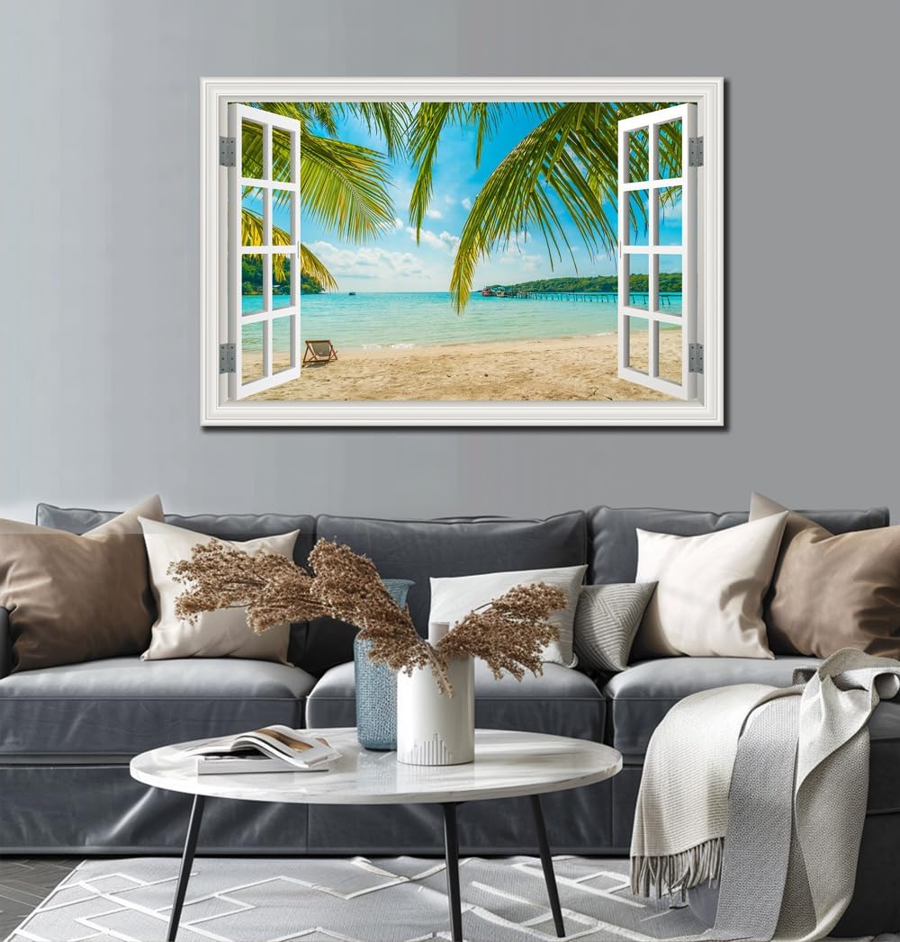 Beach Wall Art Decor Tropical Ocean Canvas Pictures for Living Room White Window Frame Style Large Blue Seascape Painting for Bedroom Coastal Theme Landscape for Home Office Decorations Ready to Hang(32"*48")