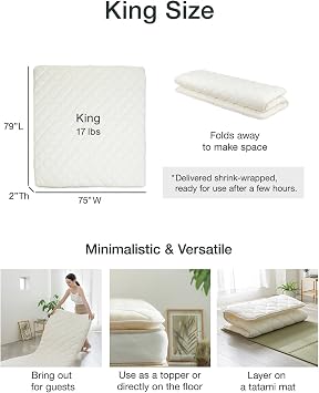 FULI Japanese Futon, King Size, White - Foldable Shikibuton Floor Bed - Medium Firm Quilted Cotton Sleeping Pad, Portable Roll-Up Japanese Floor Bed for Guests & Small Spaces