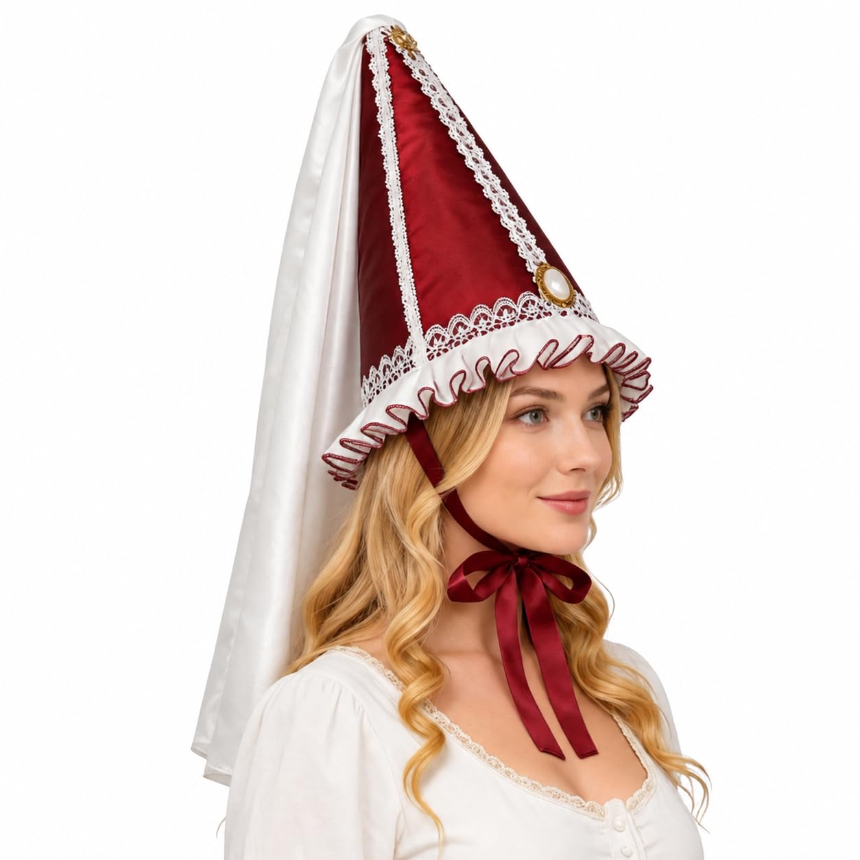 Women Medieval Hennin Cone Hat with Veil, Renaissance Princess Headdress Tall Cone Cap with Pearl and Gold Trim for Costume, Faire and Theatrical Dress (Wine Red, One Size)