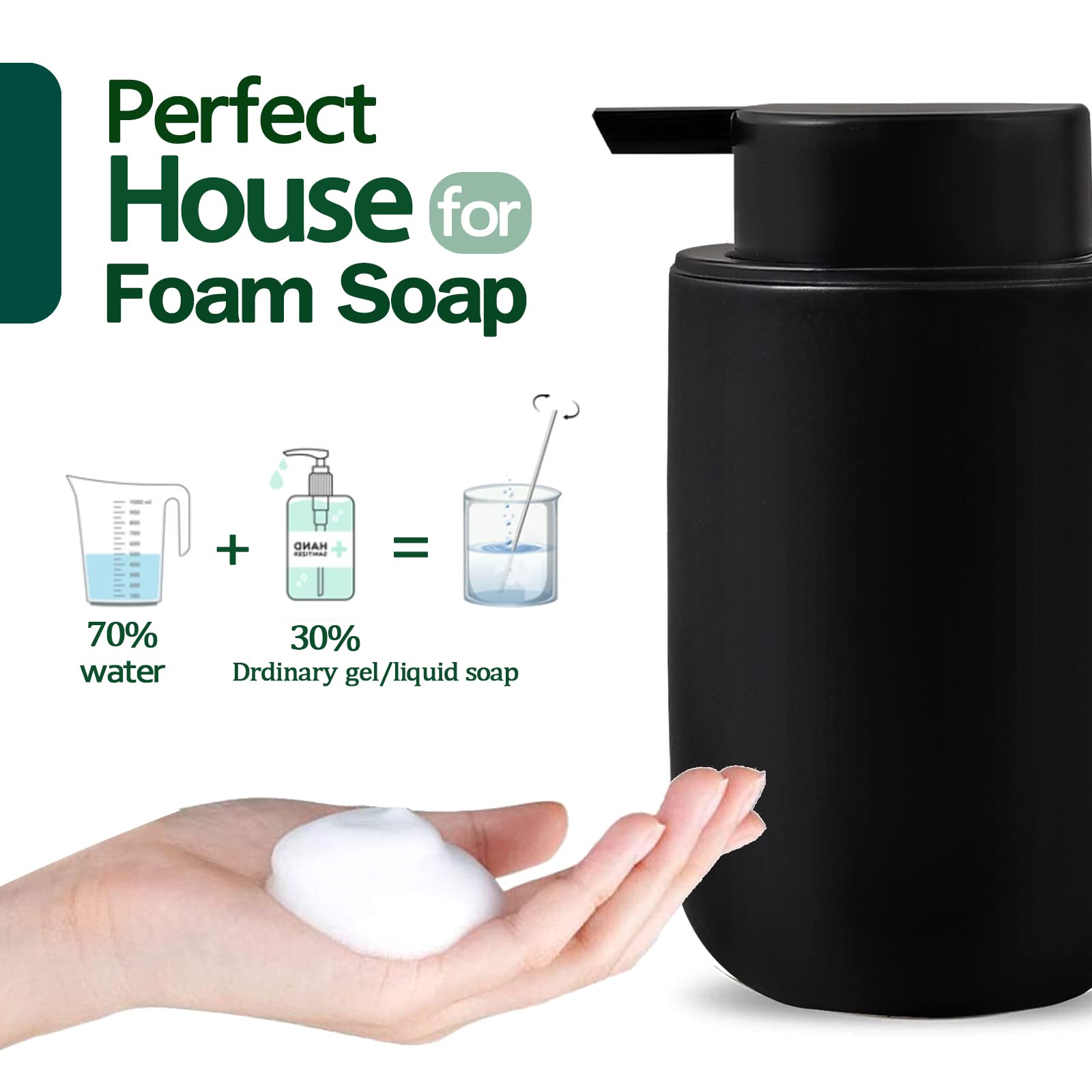 Set di 2 dispenser di sapone in schiuma, dispenser di sapone per le mani in ceramica nera, con pompa nera, per bagno, lavello della cucina, set di accessori da bagno per decorazione moderna della casa