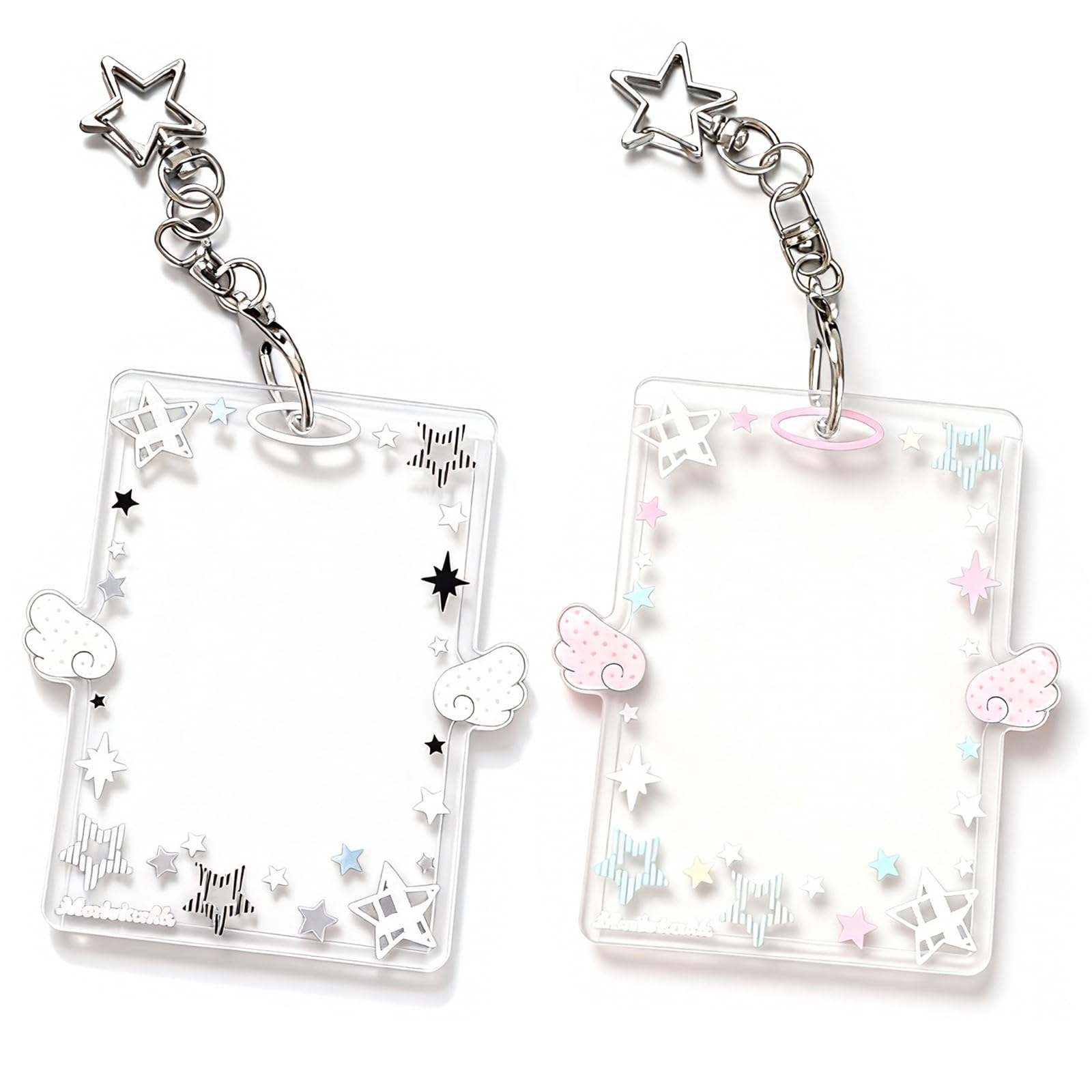 Roioiow 2 Pieces Star Wing-Shaped Photocard Holder Keychain - Clear Acrylic Protective Sleeve for ID, Bus, Student Card (White,Pink)