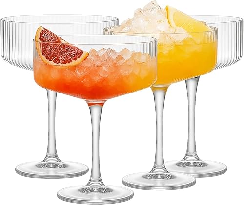 Juego de 4 vasos de copa vintage acanalados de 11 onzas, 100% cristal, copa de Martini única, cristalería de cóctel clásica, juego de vasos de bar