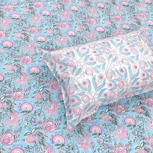 Image of TOAI Hand Block Printed Bedsheet | Bed Spread Flatsheet Bed Sheet | Pure Cotton | Queen Size 90 inchx108 inch | 300 TC Long Staple Cotton | 2 Reversible Pillow Covers |Pink Florals On Blue