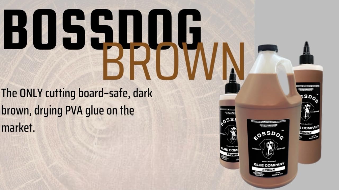 BOSSDOG Brown Wood Glue, Strong Bond, Fast Drying, Cutting Board Safe, Dries Dark Brown, Carpentry Projects, DIY Home Repair, Woodworking, Furniture Repair. Large Bottle, Made by a Maker, for Makers