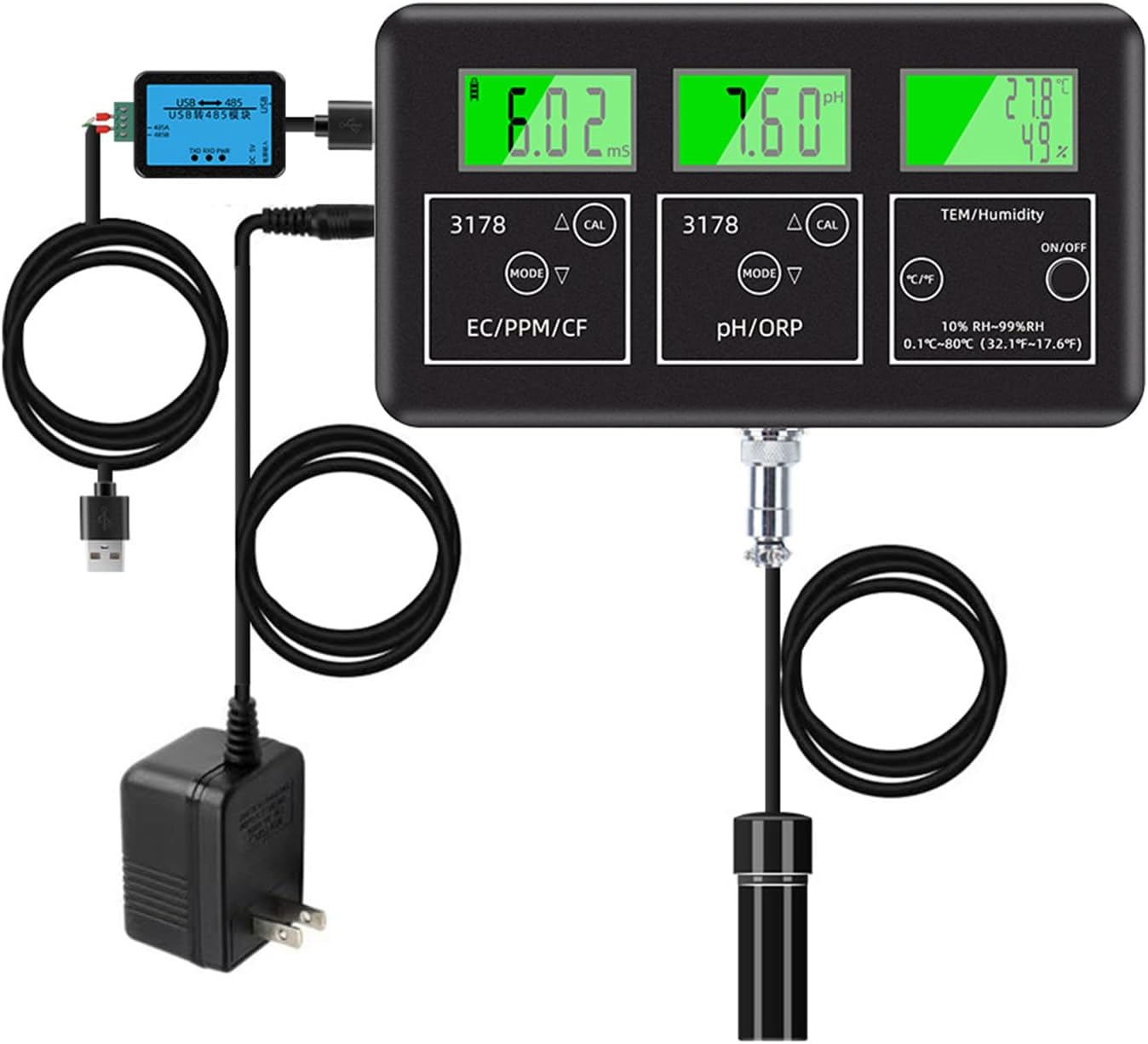 Water Quality Tester Detector, TDS CF RH EC ORP Water Tester, with Probe and LCD Display, Real Time Transmission, WiFi Connection, for Aquarium Hydroponics Pool Drinking Water