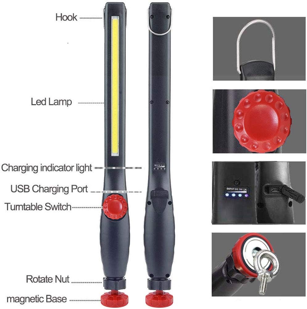 USB Rechargeable Inspection Lamps,with Super Bright COB Led 360 Degree Rotation Magnetic Plate and Handing Hook for Workshop Household Outdoor Camping Hiking Work Lights (Red)