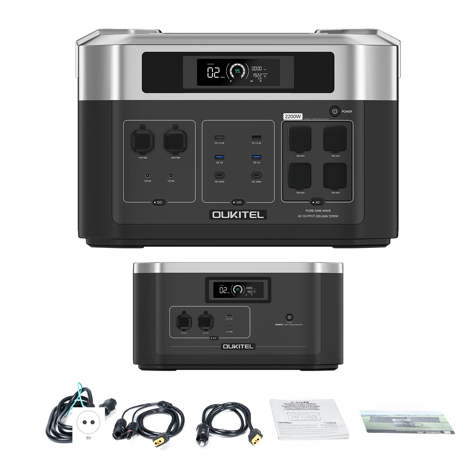 Centrale électrique portable B20000E, batterie LiFePO4 de secours 2048 Wh, sortie AC sinusoïdale pure de 2200 W, générateur solaire avec 1 batterie extensible – Panneau solaire non inclus