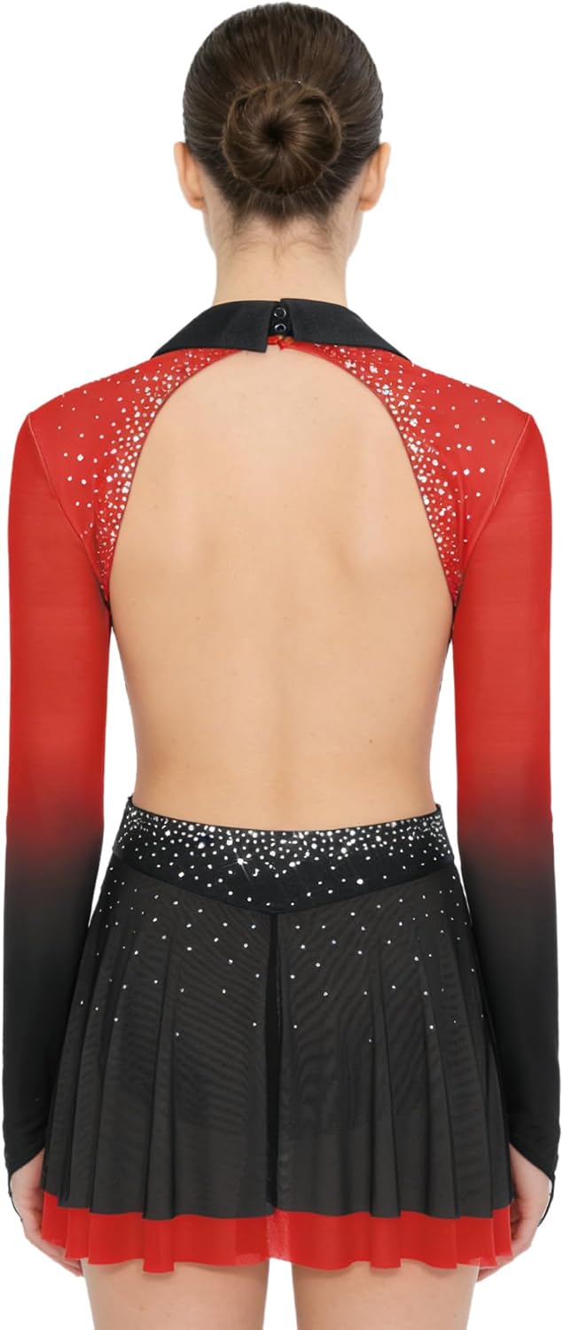 Gradient Ice Figure Skating Dress Girls Women Lapel V Neck Long Sleeved Competition Performance Costume