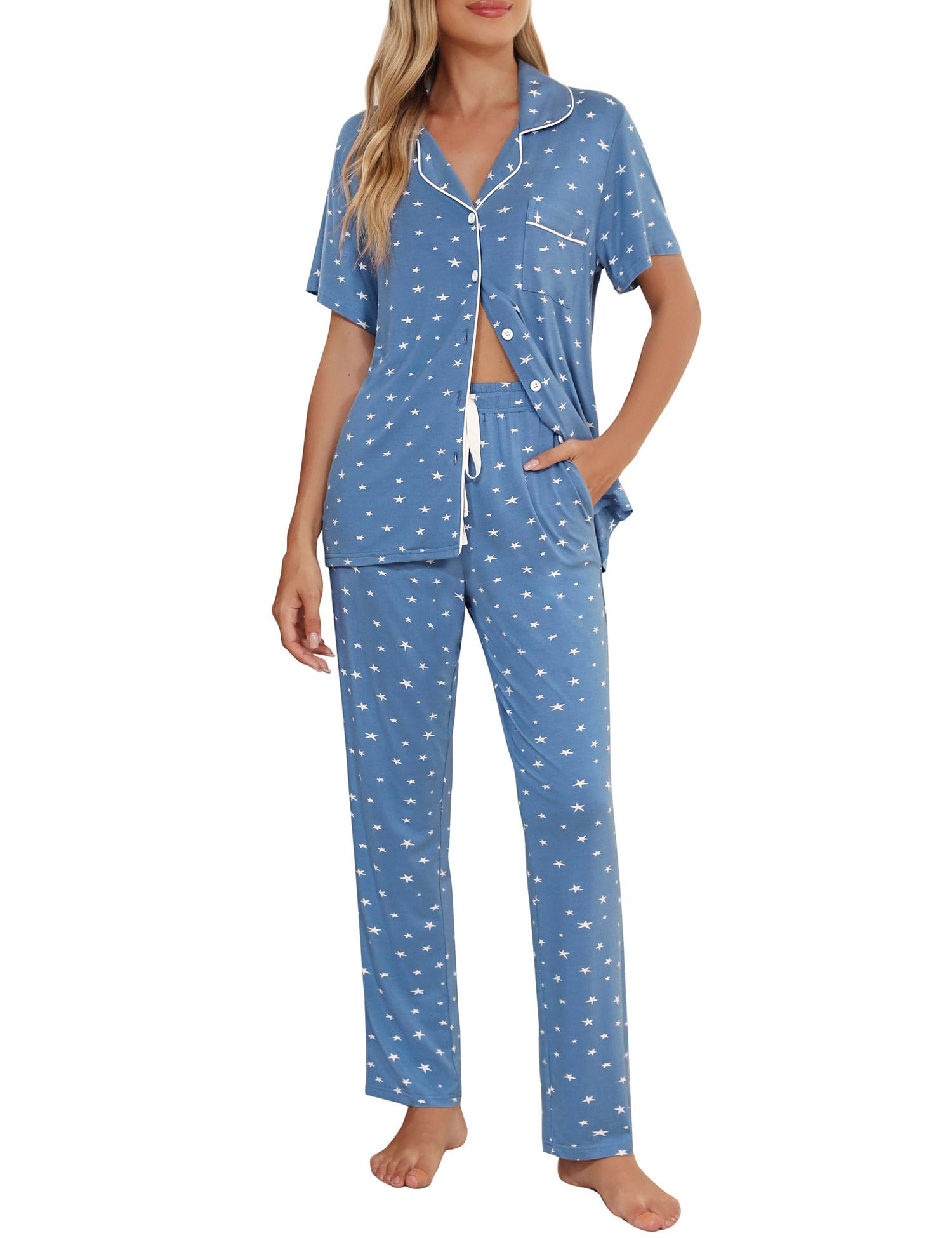 Senert Womens 2 Piece Pajamas Set Button Down Top and Pants Soft Sleepwear | Short Sleeve Lounge Sets with Pockets, Maternity/ Nursing /Postpartum Pjs Set, Bride Pjs Set for All Seasons