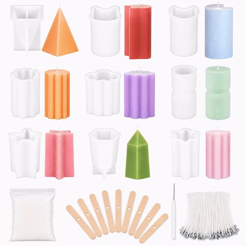 Defresit 13 Pcs Silicone Candle Molds, Candle Molds for Candle Making | Reusable Silicone Molds for DIY Crafts, Soap, Resin, All-in-one Candle Molds for Beginners, Cylinder Star Moon Cat 9 Shapes
